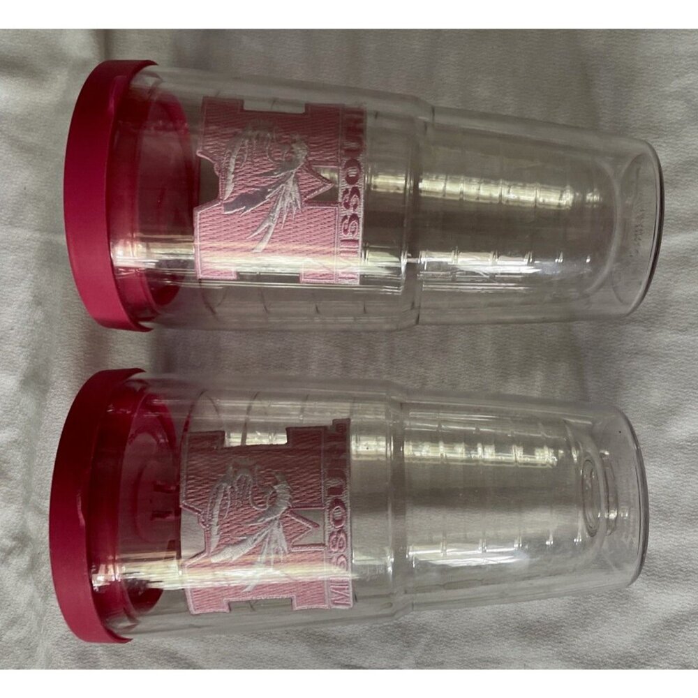 Two Clear Tervis Tumblers W/ Pink Missouri M Logo & Lids 16 Oz BPA-Free